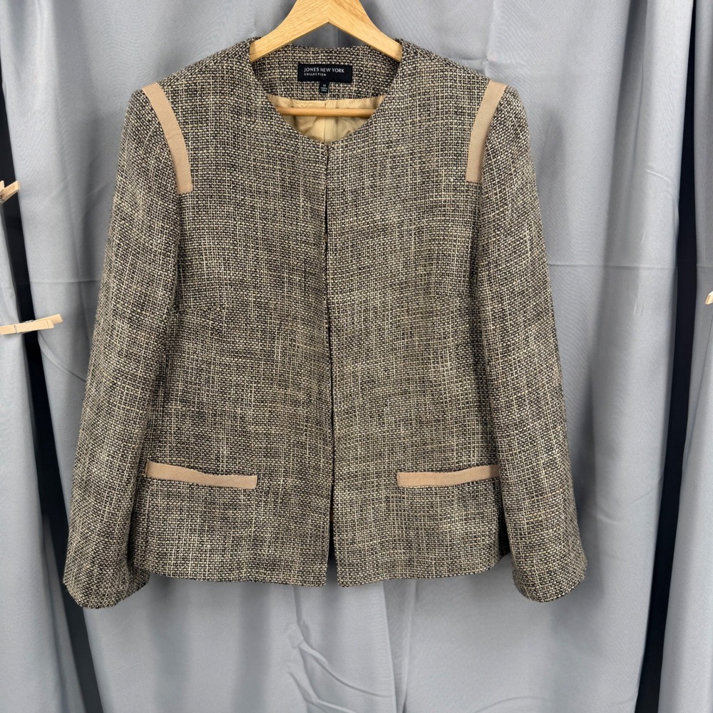 Jones New York Collection Metallic Tweed Blazer Jacket Size 14 Brown Tan Preppy